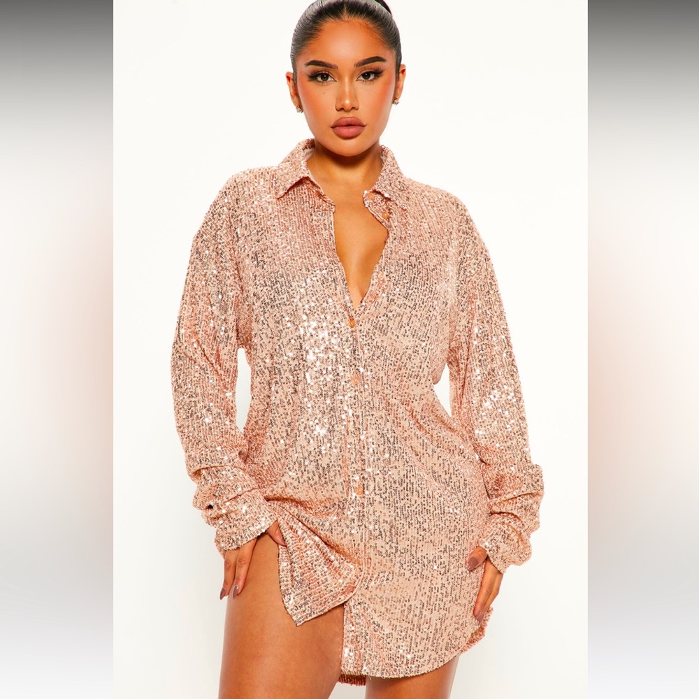 Sequin shirt dress - rose gold (large)